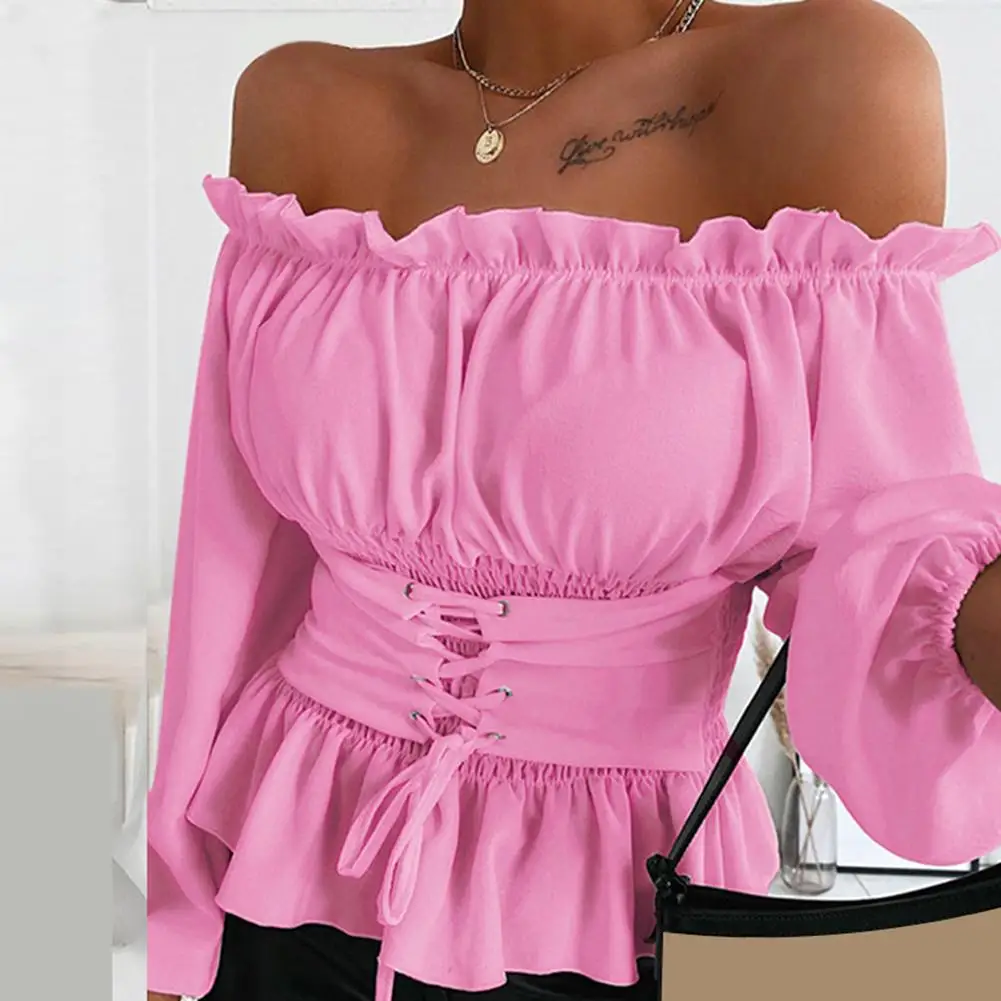 Women Shirt Jacket Coat Autumn Casual Solid Color Long Sleeve Ruffled Hem Off Shoulder Top Blouse - Image 2