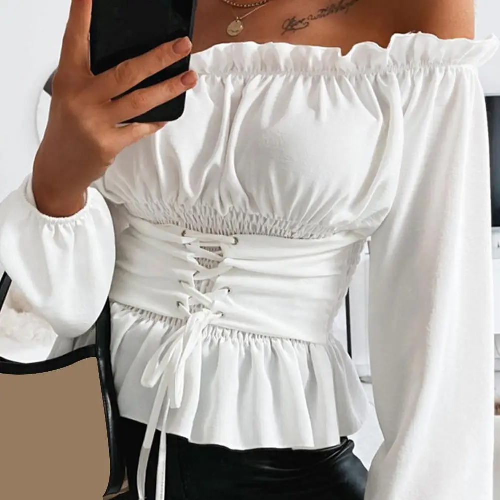 Women Shirt Jacket Coat Autumn Casual Solid Color Long Sleeve Ruffled Hem Off Shoulder Top Blouse - Image 5